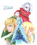  2girls bad_id bad_pixiv_id blonde_hair blue_eyes colored_pencil_(medium) earrings fi ghirahim jewelry link marker_(medium) multiple_boys multiple_girls pantyhose pointy_ears princess_zelda the_legend_of_zelda the_legend_of_zelda:_skyward_sword torakota traditional_media 