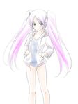  fictional_persona green_eyes hands_in_pockets hood hood_down hoodie jacket long_hair masakichi_(crossroad) one-piece_swimsuit open_clothes open_hoodie original pink_hair robot_ears school_swimsuit solo swimsuit twintails 