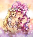  blonde_hair blue_eyes bow breasts choker cure_melody cure_rhythm earrings eyelashes green_eyes hair_bow heart hisahiko houjou_hibiki jewelry large_breasts long_hair magical_girl minamino_kanade multiple_girls nipples pink_bow pink_choker pink_hair ponytail precure suite_precure thighhighs torn_clothes torn_legwear twintails very_long_hair white_choker 