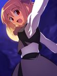  :d ascot blonde_hair blush bow full_moon hair_bow kaiza_(rider000) looking_back moon open_mouth outstretched_arms red_eyes rumia short_hair smile solo spread_arms touhou 