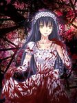 bad_id bad_pixiv_id black_hair blood blood_on_face collarbone decoration_disorder_disconnection dress dress_lift elbow_gloves gloves headdress hitoha ishizue_kanata long_hair solo torn_clothes wedding_dress yellow_eyes 