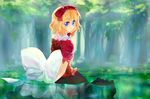  blonde_hair blue_eyes bow dqn_(dqnww) forest frills hair_bow large_bow looking_back medicine_melancholy nature partially_submerged short_hair solo submerged touhou tree water 