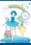  barefoot blue_eyes blue_hair blush character_name closed_umbrella cloud flower ghost heterochromia hydrangea leaf puddle rain rainbow red_eyes short_hair skirt solo tatara_kogasa teruterubouzu tongue touhou umbrella watase_rei 