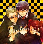  2girls bachi_(bachoo) bad_id bad_pixiv_id blonde_hair blue_eyes blue_hair blush cabbie_hat checkered checkered_background glasses grey_eyes grey_hair hat hug kujikawa_rise multiple_boys multiple_girls narukami_yuu one_eye_closed persona persona_4 red_eyes red_hair reverse_trap scar school_uniform shirogane_naoto short_hair smile sunglasses tatsumi_kanji twintails 