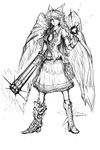  arm_cannon bad_id bad_pixiv_id banned_artist boots bow cross-laced_footwear greyscale hair_bow highres kurkoboltsi lace-up_boots long_hair mismatched_footwear monochrome navel reiuji_utsuho sketch skirt solo third_eye touhou weapon wings 