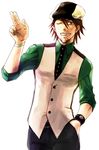  aduma bad_id bad_pixiv_id bracelet brown_eyes brown_hair cabbie_hat facial_hair hand_in_pocket hat jewelry kaburagi_t_kotetsu male_focus necktie one_eye_closed simple_background smile solo stubble tiger_&amp;_bunny vest watch white_background wristwatch 
