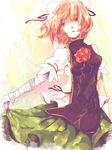  bad_id bad_pixiv_id bandages bun_cover double_bun flower ibaraki_kasen kiguchiko pink_hair red_flower red_rose rose shirt short_hair skirt skirt_lift solo tabard touhou 