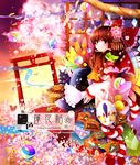  bird black_cat brown_eyes brown_hair bug butterfly cat cherry_blossoms colorful doll flower hair_flower hair_ornament hakurei_reimu hanada_hyou hand_print hat highres insect light_smile rope shimenawa solo sun sunset torii touhou witch_hat 