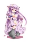  areola_slip areolae between_breasts black_legwear book breasts covering covering_crotch fuyuno_taka hat highres kneeling large_breasts long_hair navel nipples no_bra open_clothes open_shirt patchouli_knowledge purple_eyes purple_hair shirt solo thighhighs touhou 