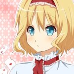  :/ alice_margatroid aqua_eyes argyle argyle_background bad_id bad_pixiv_id blonde_hair card close-up face hairband holding holding_card playing_card sakuraba_hinano short_hair solo touhou 