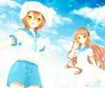  1girl :d akane_(goma) akira_(goma) animal_ears bad_id bad_pixiv_id blue_sailor_collar blush brother_and_sister brown_hair bunny_ears cloud day dress goma_(11zihisin) hairband hat long_hair midriff navel open_mouth original otoko_no_ko outstretched_arms sailor_collar sailor_dress short_hair shorts siblings sky smile spread_arms twins wavy_hair yellow_eyes 
