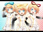  aqua_eyes arm_warmers blonde_hair detached_sleeves hair_ornament hair_ribbon hairclip jyuru kagamine_rin kagamine_rin_(append) multiple_girls multiple_persona navel open_mouth ribbon short_hair smile vocaloid vocaloid_append 