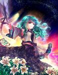  awa_toka bad_id bad_pixiv_id detached_sleeves dress flower gohei green_eyes green_hair hair_ornament kochiya_sanae long_hair snake solo touhou 