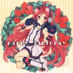 ahoge animal_ears bad_id bad_pixiv_id bell belt blush boots cat_ear_headphones cat_ears dress food fruit gloves headphones long_hair microphone red_eyes red_hair robot_joints sf-a2_miki shirozatou socks solo strawberry text_focus vocaloid 