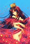  absurdres blue_eyes brown_hair covering crown duplicate flower hair_ornament hair_ribbon highres hime_cut long_hair nude original petals queen ribbon signomi solo 