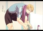  blonde_hair blue_eyes imasan keith_goodman letterboxed male_focus shoes shorts sneakers solo tiger_&amp;_bunny towel 