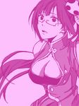  blazblue breasts cleavage glasses lao_jiu litchi_faye_ling long_hair medium_breasts ponytail purple solo tegaki 