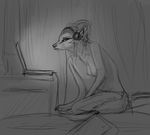  canine clothed clothing computer female greyscale headphones laptop looking_at_viewer mammal monochrome natalie_de_corsair nataliedecorsair rough sitting sketch skimpy solo wolf 