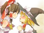  ascot blonde_hair blush bow braid brown_eyes brown_hair clenched_hands closed_eyes detached_sleeves dress ema20 face face-to-face hair_bow hair_tubes hakurei_reimu hat imminent_kiss kirisame_marisa multiple_girls nervous open_mouth ponytail profile red_dress shirt touhou trembling witch_hat yuri 