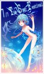  bad_id bad_pixiv_id barefoot blue_hair bubble censored convenient_censoring flat_chest hands highres jellyfish long_hair navel nude open_mouth original pink_eyes solo tanabata underwater yadapot 