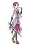  atelier_(series) atelier_meruru bad_id bad_pixiv_id black_gloves blue_eyes boots brown_hair coat cross-laced_footwear dagger dual_wielding esty_erhard full_body gloves hair_ornament hairpin holding holding_dagger holding_weapon jewelry kino_(kino_buro) knee_boots lace-up_boots pantyhose pendant red_legwear short_hair smile solo sword very_short_hair weapon 