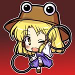  blonde_hair blush chibi dress eruru_(erl) frog hair_ribbon hat hoop long_sleeves moriya's_iron_rings moriya_suwako one_eye_closed open_mouth purple_dress ribbon solo touhou yellow_eyes 