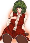  ascot bad_id bad_pixiv_id blush breasts dress_shirt flan_(harry_mackenzie) green_hair hand_on_own_chest kazami_yuuka large_breasts pantyhose plaid plaid_skirt plaid_vest shirt short_hair skirt skirt_set solo touhou vest wavy_hair 