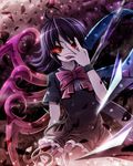  ahoge akashio_(loli_ace) asymmetrical_wings black_hair bow bowtie dress feathers hand_over_face highres houjuu_nue open_mouth red_eyes short_hair snake solo touhou weapon wings 