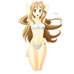  absurdres armpits arms_behind_head arms_up bad_id bad_pixiv_id barefoot bikini blonde_hair blue_eyes blush breasts eyebrows full_body highres k-on! kotobuki_tsumugi long_hair medium_breasts o-ring o-ring_bottom open_mouth simple_background solo swimsuit taka_(takahirokun) thigh_gap underboob 