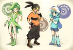  2girls blue_hair boots gen_5_pokemon green_hair hat multiple_girls oshawott personification pokemon red_eyes scarf shorts snivy tepig watteri91 