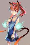  alternate_hairstyle animal_ears cat_ears cat_tail food high_ponytail kaenbyou_rin multiple_tails ponytail popsicle qiangzi red_eyes red_hair skull solo tail touhou watermelon_bar 