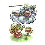  :&lt; :o blue_hair boulder chibi cloud flower food fruit grass green_hair hat hinanawi_tenshi kazami_yuuka keystone multiple_girls okome_(kome_kuma) open_mouth peach rain red_eyes rope shimenawa shirt skirt staring sunflower surprised touhou umbrella 