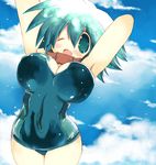  ;d aqua_eyes aqua_hair armpits arms_up bangs blush breasts cleavage cloud collar covered_nipples curvy day fang hand_behind_head hips large_breasts lens_flare one-piece_swimsuit one_eye_closed open_mouth original outdoors pointy_ears sakaki_(noi-gren) school_swimsuit short_hair skin_tight sky smile solo standing swimsuit wide_hips 
