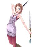 ;d atelier_(series) atelier_meruru bad_id bad_pixiv_id blue_eyes brown_hair dual_wielding esty_erhard hair_ornament hairpin holding jewelry kino_(kino_buro) necklace one_eye_closed open_mouth pantyhose red_legwear short_hair smile solo sword very_short_hair weapon 