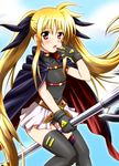  bardiche black_gloves blonde_hair blush cape diesel-turbo fate_testarossa gloves long_hair lyrical_nanoha mahou_shoujo_lyrical_nanoha mahou_shoujo_lyrical_nanoha_the_movie_1st miniskirt open_mouth red_eyes skirt solo staff thighhighs twintails 