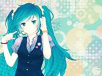  aqua_eyes aqua_hair bracelet caco hatsune_miku head_tilt headphones jewelry long_hair smile solo twintails vest vocaloid 