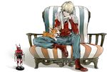 bad_id bad_pixiv_id barnaby_brooks_jr belt blonde_hair blue_eyes boots chap's character_doll couch dog eyewear_removed glasses jacket jewelry male_focus necklace petting power_armor power_suit red_jacket sitting solo studded_belt superhero tiger_&amp;_bunny towel welsh_corgi 