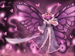  1girl butterfly cherry_blossoms eltinidordediyablo fan female folding_fan ghost hat japanese_clothes petals pink_eyes pink_hair saigyouji_yuyuko solo sword touhou triangular_headpiece venomousblaze weapon wings 