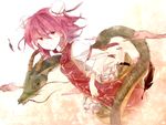  bad_id bad_pixiv_id bun_cover double_bun dragon earrings eastern_dragon feathers highres hisona_(suaritesumi) ibaraki_kasen jewelry pink_eyes pink_hair shirt short_hair skirt smile solo tabard touhou 