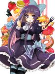  2girls angel_wings brief_(psg) cake candy chibi doughnut food fork freckles fruit lolita_fashion long_hair macaron multicolored_hair multiple_girls panty_&amp;_stocking_with_garterbelt panty_(psg) slice_of_cake stocking_(psg) strawberry striped striped_legwear tegaki thighhighs wings 