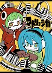  blue_hair chibi facial_mark facial_tattoo gloves green_hair grin gumi hatsune_miku headphones hood hoodie hounori jacket long_hair matryoshka_(vocaloid) multicolored multicolored_eyes multiple_girls short_hair smile tattoo twintails vocaloid 