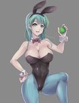  animal_ears bare_shoulders blue_legwear breasts bulma bunny_ears bunny_girl bunnysuit cleavage compass cuffs detached_collar dragon_ball dragon_ball_(classic) dtcy green_eyes green_hair hand_on_hip large_breasts long_hair pantyhose slender_waist thick_thighs thighs wrist_cuffs 