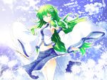  bare_shoulders breasts closed_eyes detached_sleeves floating_hair frog gohei green_hair hair_ornament highres kochiya_sanae long_hair medium_breasts midriff navel osashin_(osada) outstretched_arms skirt skirt_set snake solo spread_arms touhou wide_sleeves wind 