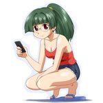  breasts casual cellphone cleavage denim denim_shorts glasses goriate green_hair long_hair medium_breasts pani_poni_dash! phone ponytail red_eyes sandals shorts solo squatting tachibana_rei 