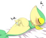  anus birth blush egg eyes_closed female japanese_text lying mizo_ne nintendo on_back oviposition pok&#233;mon pokemon pregnant snivy solo sweat text video_games 