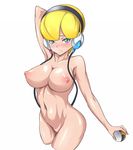  64_(xfour) arm_up armpits blonde_hair blue_eyes blush breasts covered_nipples curvy embarrassed groin hairband kamitsure_(pokemon) large_breasts navel no_pussy nude poke_ball pokemon pokemon_(game) pokemon_bw short_hair simple_background solo ultra_ball 