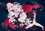  ahoge azur_lane bloomers blouse boots cape commentary detached_sleeves erebus_(azur_lane) eyebrows_visible_through_hair gloves gothic_lolita hood hug lolita_fashion mary_janes multiple_girls neck_ribbon red_eyes ribbon screw_in_head shoes siblings sisters smile socks stitches striped striped_legwear terror_(azur_lane) underwear white_gloves white_hair yaekn 