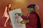  breasts expressionless flick-the-thief green_eyes green_skin half-closed_eyes hat hat_feather long_hair mask namesake nipples nude paintbrush painting painting_(object) palette raphael red_hair renaissance_clothes sitting teenage_mutant_ninja_turtles turtle 