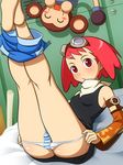  1girl aero barefoot capcom data data_(rockman_dash) feet goggles goggles_on_head mega_man mega_man_legends monkey panties panty_pull red_hair rockman rockman_dash rockman_dash_3 underwear 