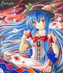  ayuayu bad_id bad_pixiv_id blue_hair bow cherry_blossoms cloud dress flower food fruit hat hinanawi_tenshi large_bow light_rays long_hair marker_(medium) peach petals red_eyes ribbon sample solo sunbeam sunlight touhou traditional_media 